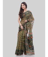 DESH BIDESH Women`s Phulkari Resham Dhakai jamdani Bengal Pure Cotton Handloom Saree Whole Body Design without Blouse Piece (Moss Green Orange)